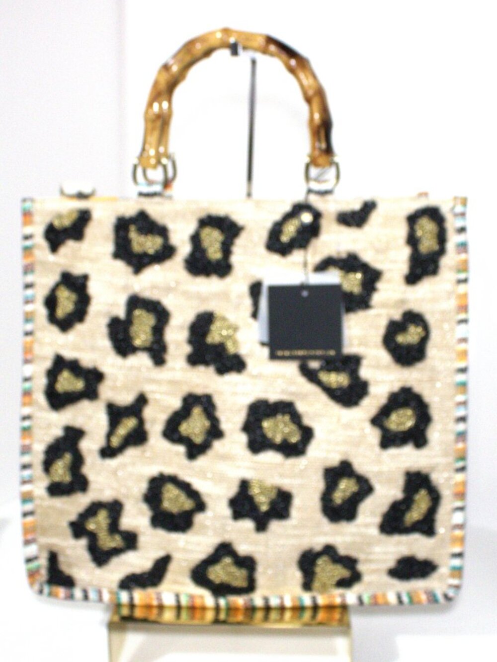 American Beyond Luxe, Leopard Print Tote Bag with Bamboo Handles Crossbody Strap